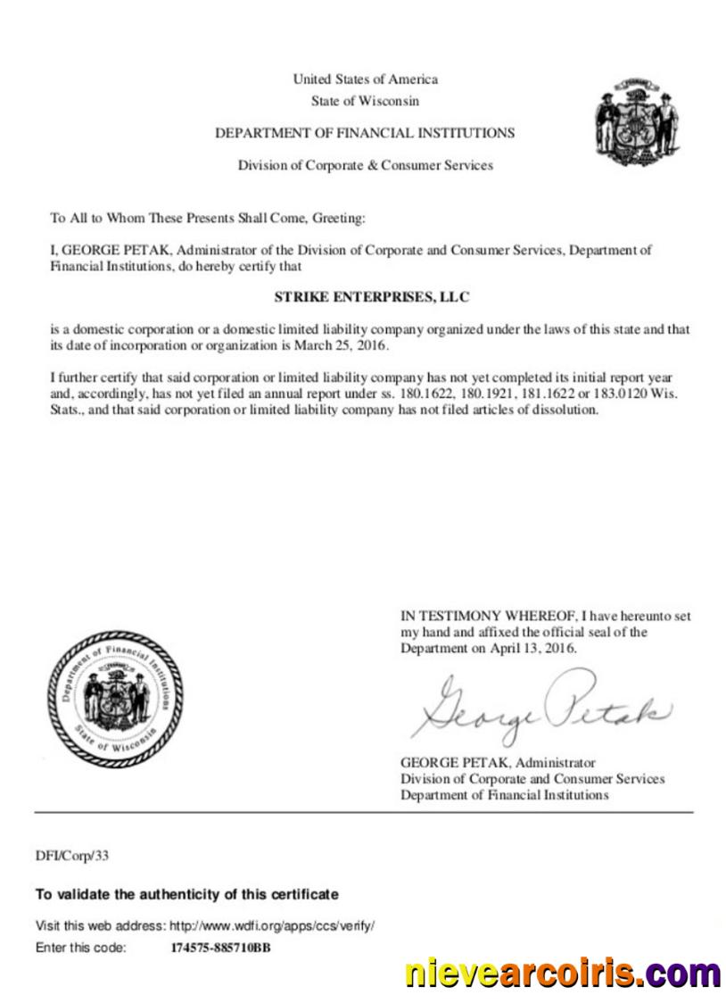 USA Wisconsin certificate of good standing